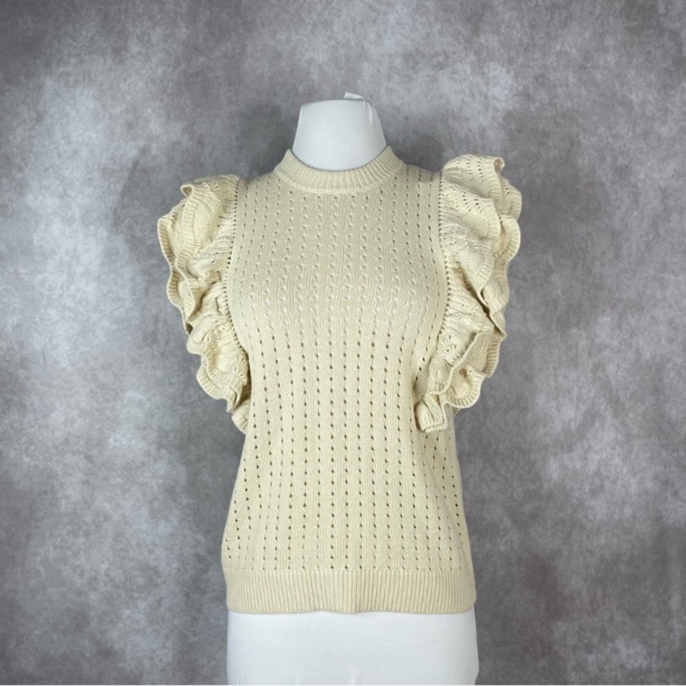 Who What Wear Crewneck Ruffle Sweater Vest Tan Cream Back Button Size S NWT